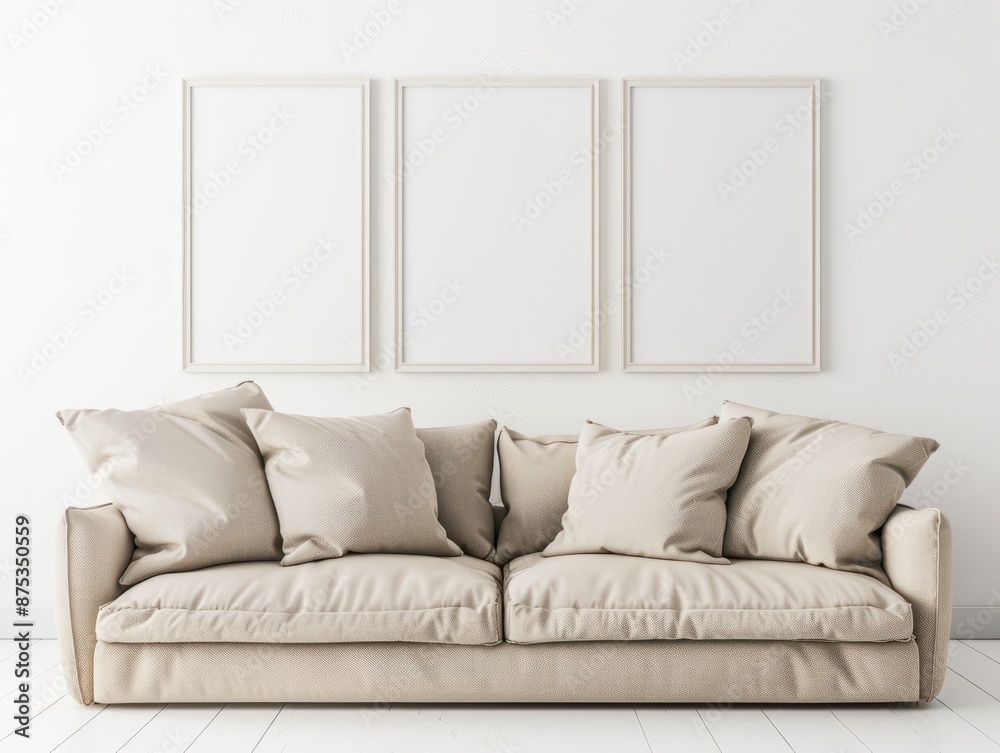 A beige sofa in a minimalistic interior with three blank picture frames on a white wall mockup A beige sofa in a minimalistic interior with three blank picture frames on a white wall mockup