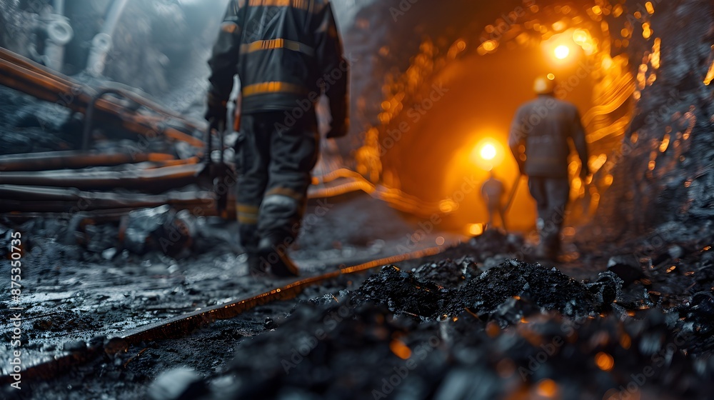 Coal Miners Hard at Work in Dark Tunnel Surrounded by Tools and Equipment
