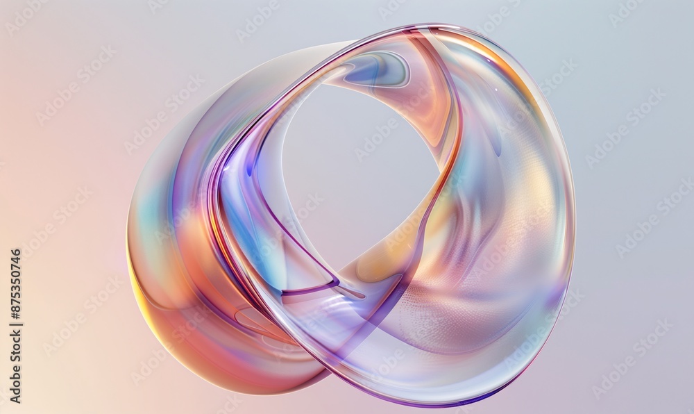 Fluid, glass-like loop with soft pastel colors of pink, blue, and orange, creating an ethereal look., 3D Object Background. Fluid, glass-like loop with soft pastel colors of pink, blue, and orange, creating an ethereal look., 3D Object Background.