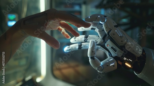 Close-up of a human hand and a robotic hand reaching out to touch in a cutting-edge research lab. The natural skin contrasts with the metallic, circuitry-laden robotic hand. A soft glow at the