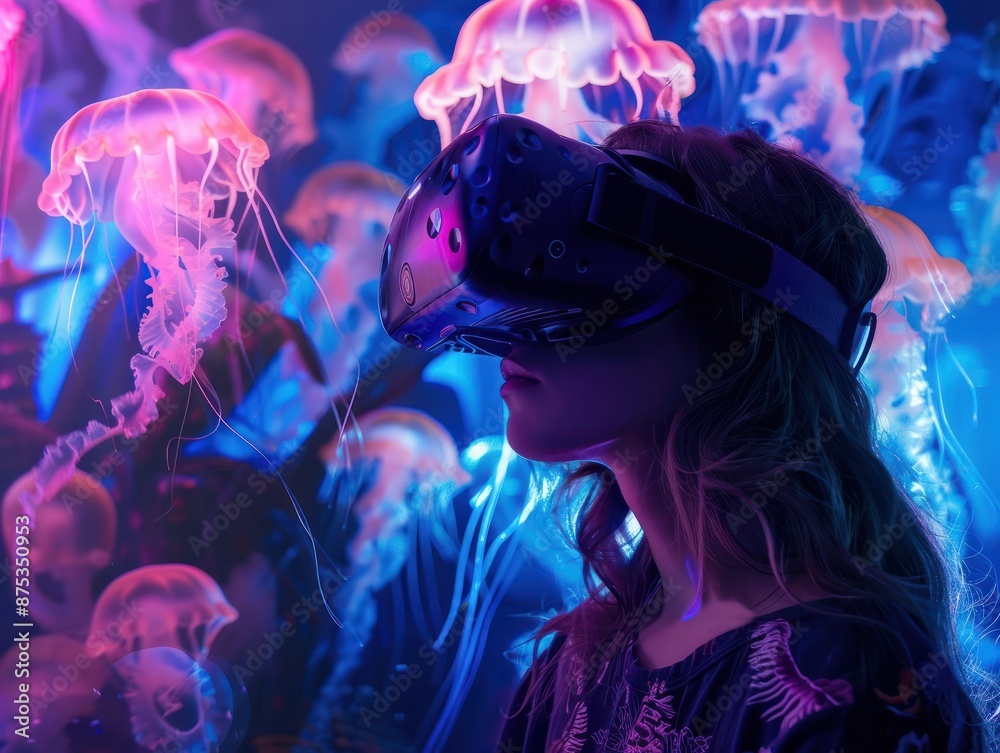 Obraz premium A female is in a virtual fantasy world with glowing jellyfish when wearing VR headset.