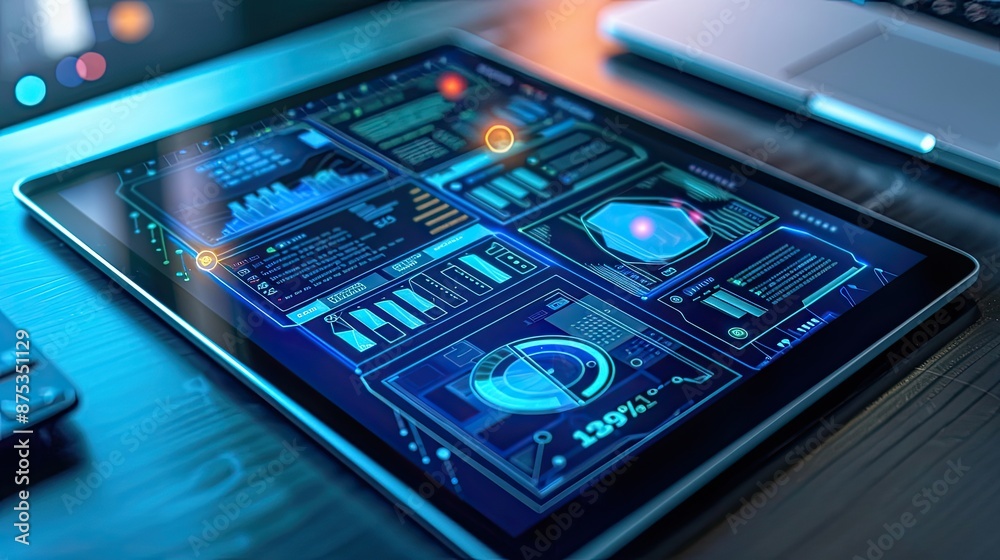 Fototapeta premium High-tech tablet displaying complex data analytics and futuristic digital interfaces in a modern workspace setting, perfect for technology themes.