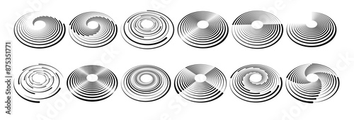 Dot circle pattern. Concentric vortex circles, circular ripple lines design. PNG. Dynamic abstract black spiral. White round dotted frames set isolated on black background.	
