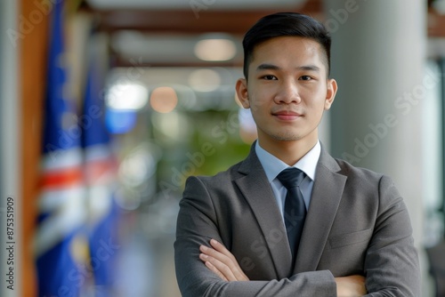 Wallpaper Mural A confident young businessman stands with his arms crossed, exuding professionalism and seriousness while dressed in a formal suit within an elegant indoor setting. Torontodigital.ca