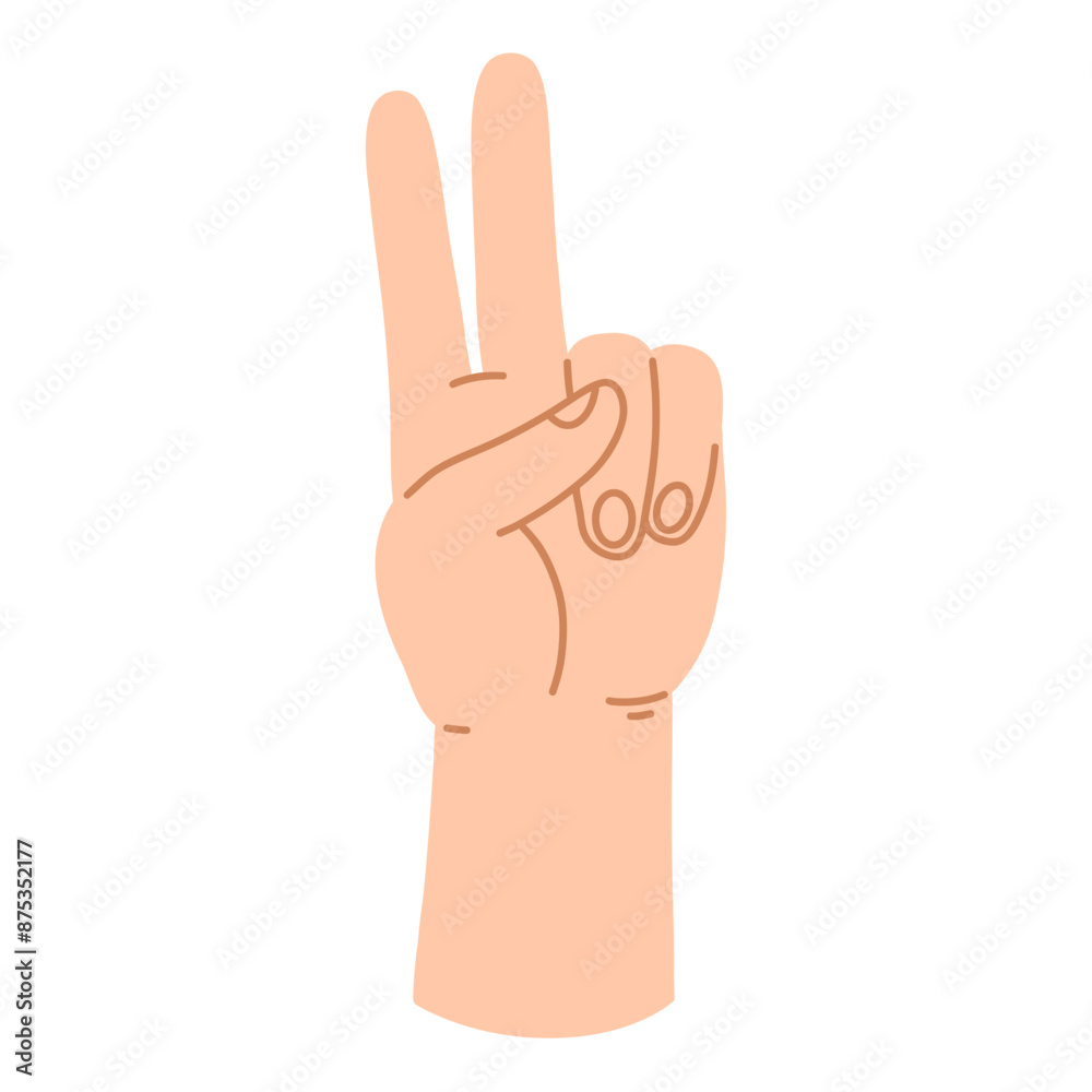 The hand shows V-sign in cartoon flat style. Vector illustration isolated on white background. The hand shows V-sign in cartoon flat style. Vector illustration isolated on white background.