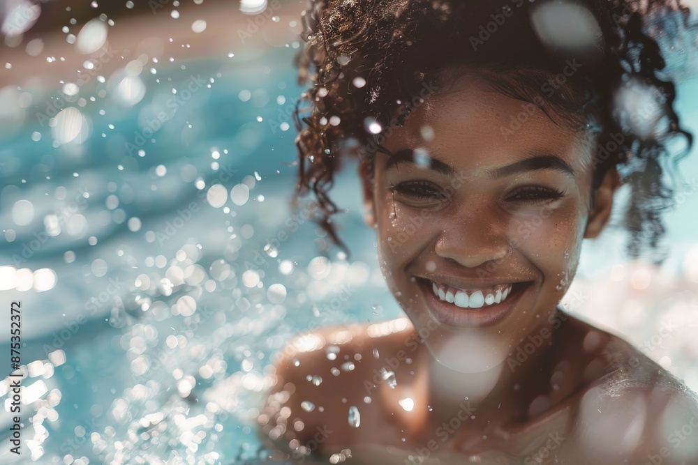 Fototapeta premium Woman with curly hair smiling brightly, playing in a pool surrounded by splashes of water. Her joyful expression and the playful atmosphere highlight happiness and carefree fun.
