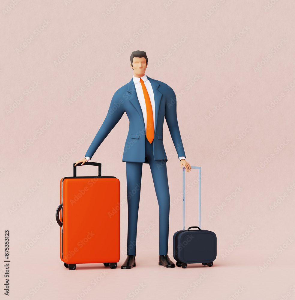 Businessman in suit walks with travel bags at solid colour background Businessman in suit walks with travel bags at solid colour background