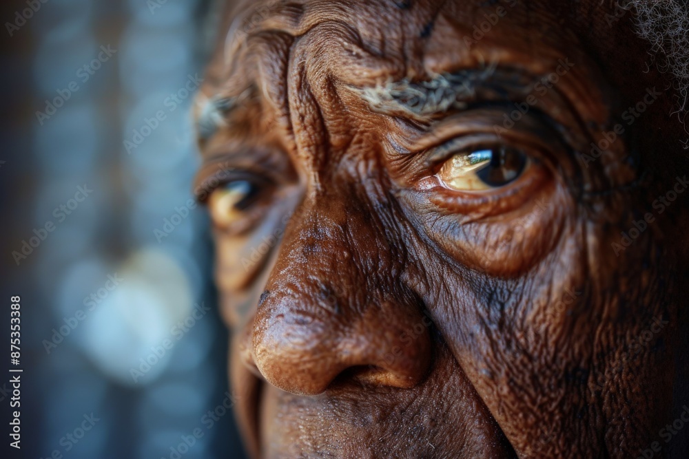 This image is a close-up focusing on the detailed texture of a person's face and head, capturing the intricate details and characteristics of their skin and hair in a highly detailed manner.