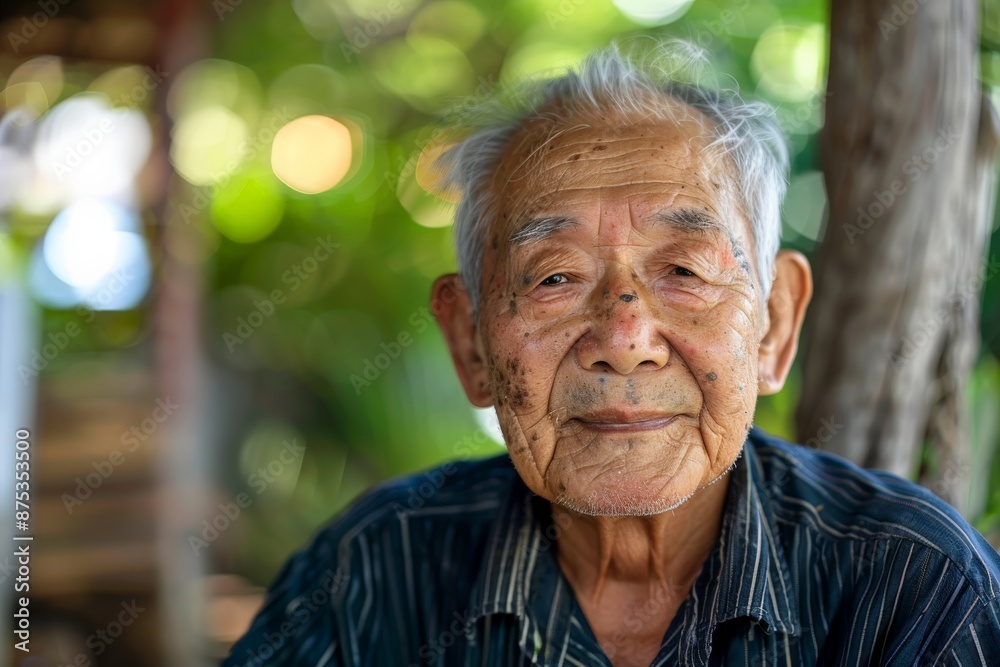 Old man sitting outside with a serene and content expression, surrounded by blurred greenery, symbolizing peace and tranquility in his golden years. Old man sitting outside with a serene and content expression, surrounded by blurred greenery, symbolizing peace and tranquility in his golden years.