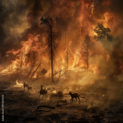 Wildlife running from forest inferno