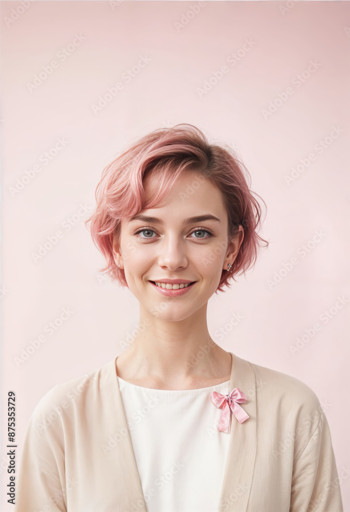 portrait of a young woman with pink hair and a pink bow in her chest portrait of a young woman with pink hair and a pink bow in her chest