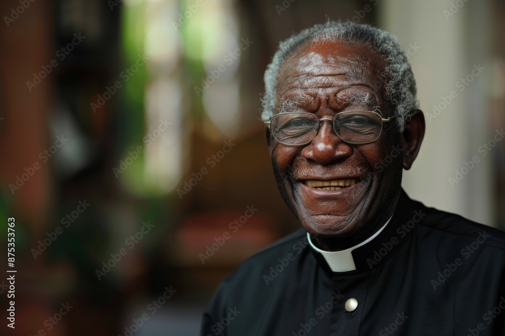 A close-up view of a priest in formal clerical attire, seated inside a church, captures the reverence and dedication associated with his role, exhibiting a background with blurred icons. A close-up view of a priest in formal clerical attire, seated inside a church, captures the reverence and dedication associated with his role, exhibiting a background with blurred icons.