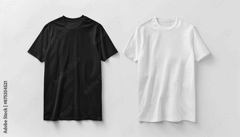 White and black T-shirt front view on a light background, mockup design. White and black T-shirt front view on a light background, mockup design.