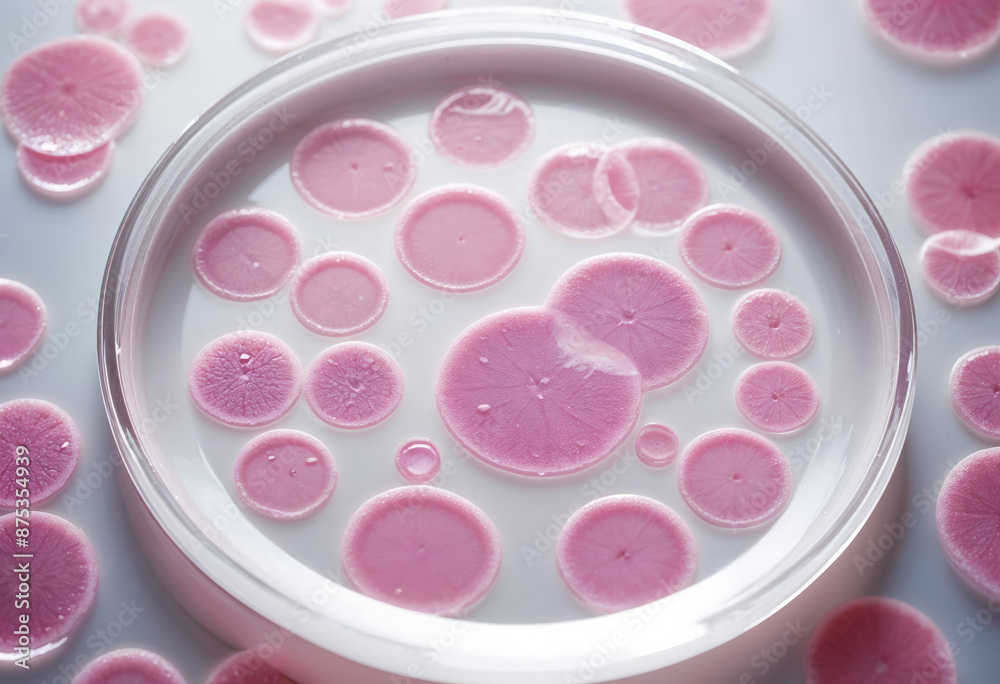 a close up of a cell culture dish with pink stained cells under a microscope in a container