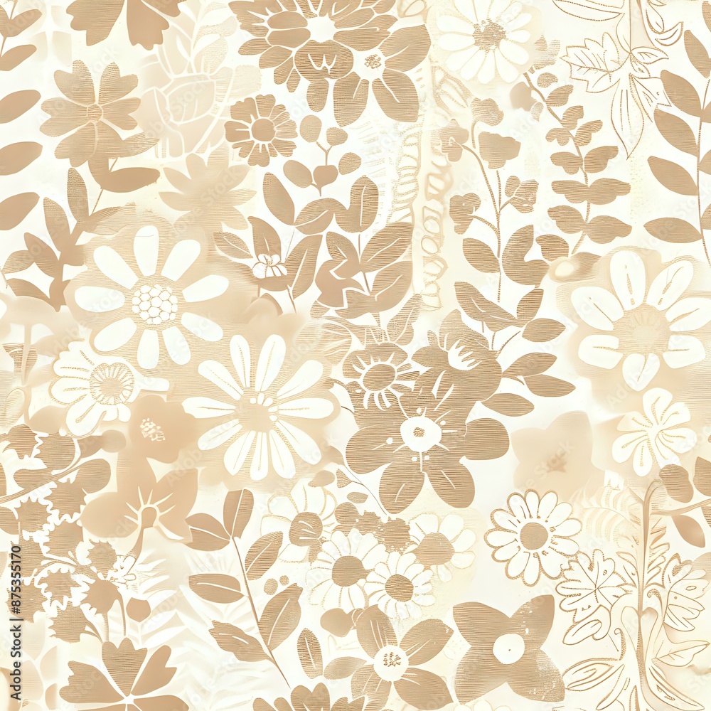 Obraz premium Enchanting Beige Floral and Leaf Seamless Pattern for Prints