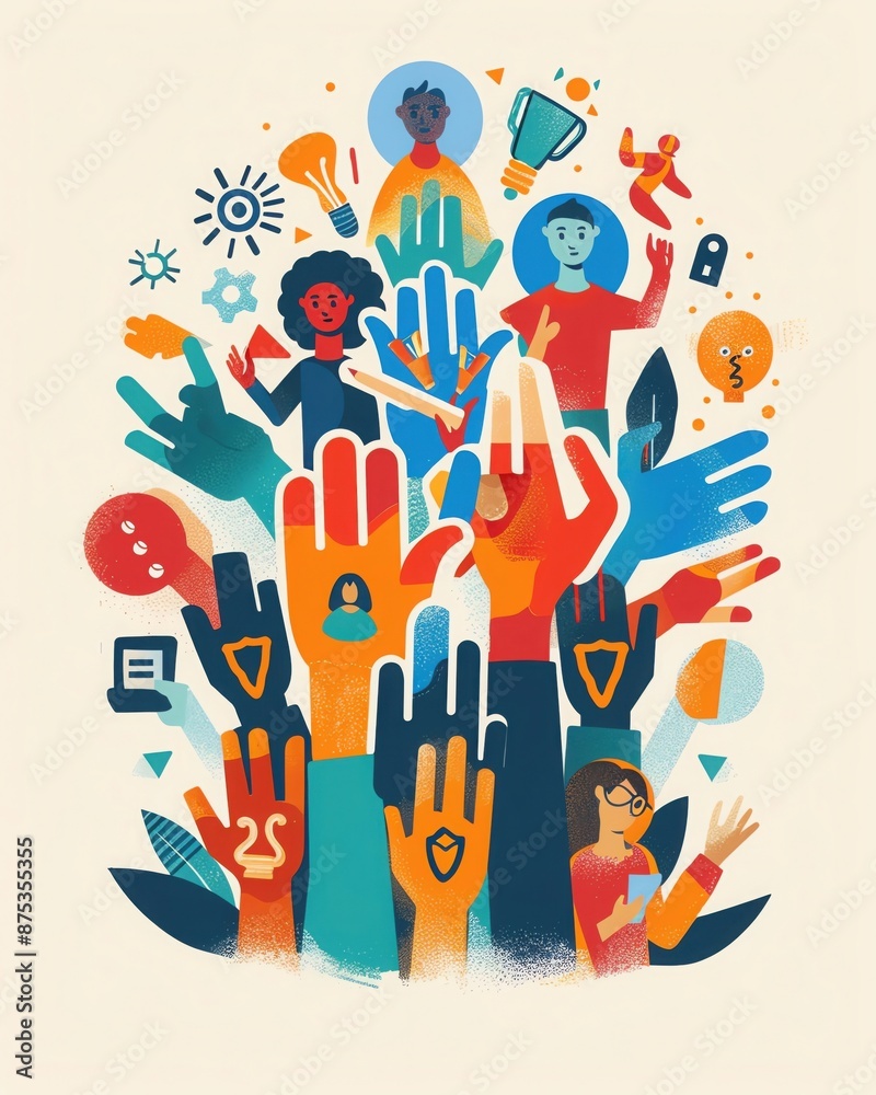 Design a vibrant and dynamic image of young people engaging in community activities, with icons of youth empowerment and growth Design a vibrant and dynamic image of young people engaging in community activities, with icons of youth empowerment and growth