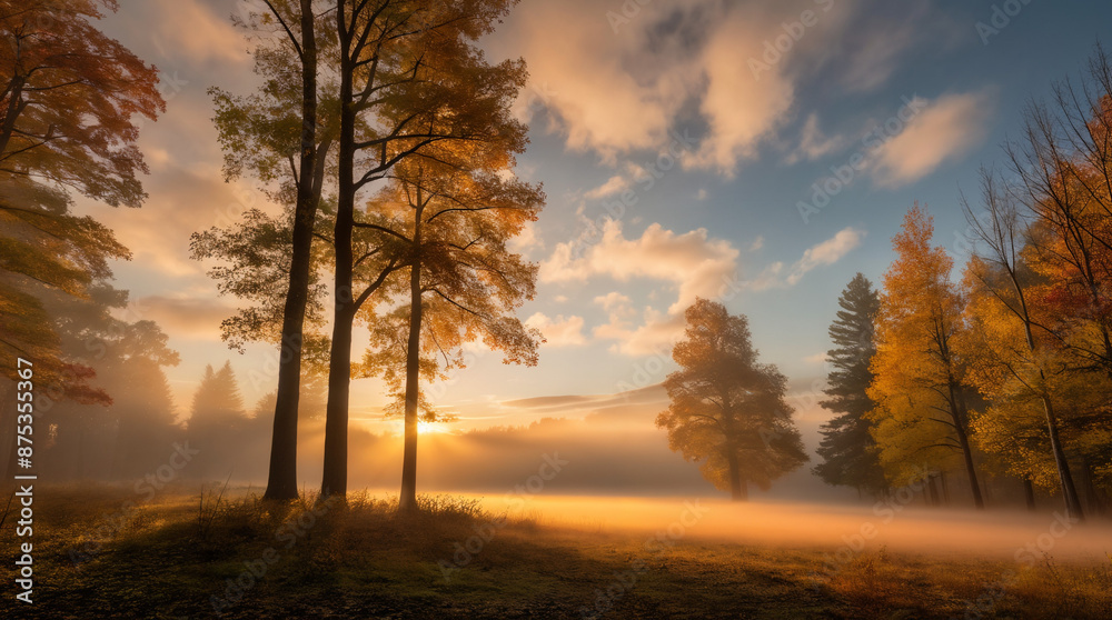 Fototapeta premium Sunset Glow on Verdant Fields and Trees Sunlight Filtering Through Autumn Trees