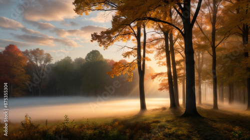 Sunset Glow on Verdant Fields and Trees Sunlight Filtering Through Autumn Trees