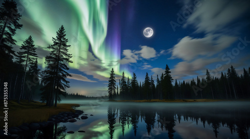 Stunning Northern Lights Over Forest Lake  Enchanting Aurora Borealis and Night Sky