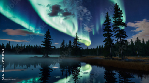 Stunning Northern Lights Over Forest Lake  Enchanting Aurora Borealis and Night Sky