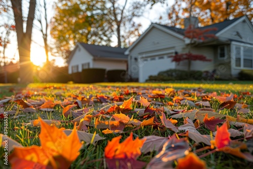 Autumn Leaves on Lawn with Sunset Glow