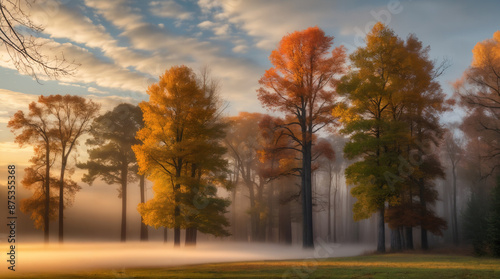 Sunset Glow on Verdant Fields and Trees Sunlight Filtering Through Autumn Trees