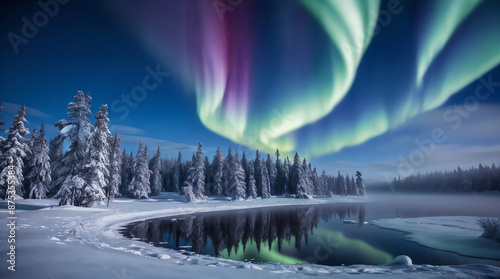 Stunning Northern Lights Over Forest Lake  Enchanting Aurora Borealis and Night Sky