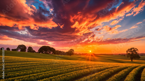 Sunset Glow on Verdant Fields and Trees Sunlight Filtering Through Autumn Trees