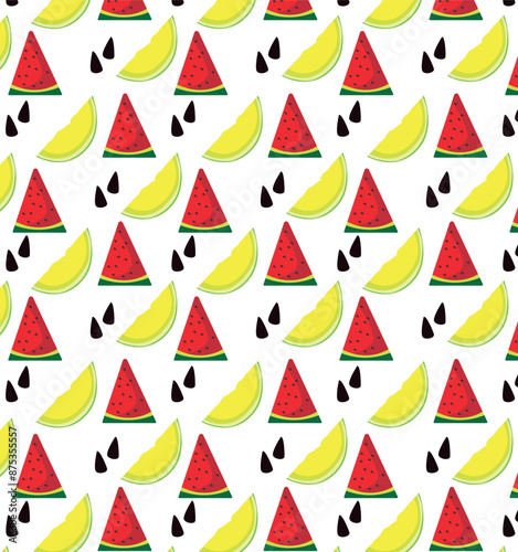 A fruit and berry pattern in a vector. Watermelon and melon slices in a colorful pattern for printing and printing.