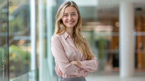 Young European business woman in formal attire, arms crossed, smiling, standing in front of a glass conference room, long blonde hair, wearing a pink blouse. European business woman arms crossed Free Download Young European business woman in formal attire, arms crossed, smiling, standing in front of a glass conference room, long blonde hair, wearing a pink blouse. European business woman arms crossed - GFXLoad