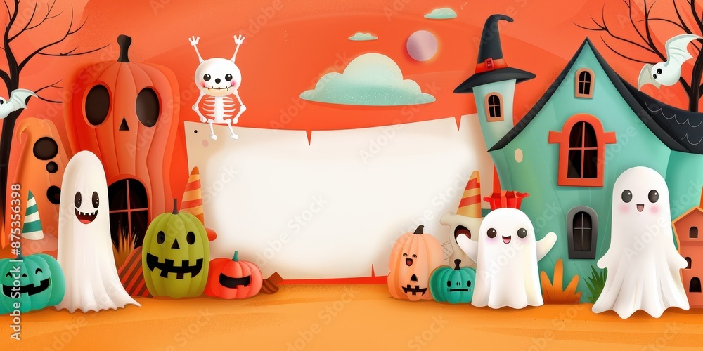 Halloween Fun Banner with Ghosts and Pumpkin