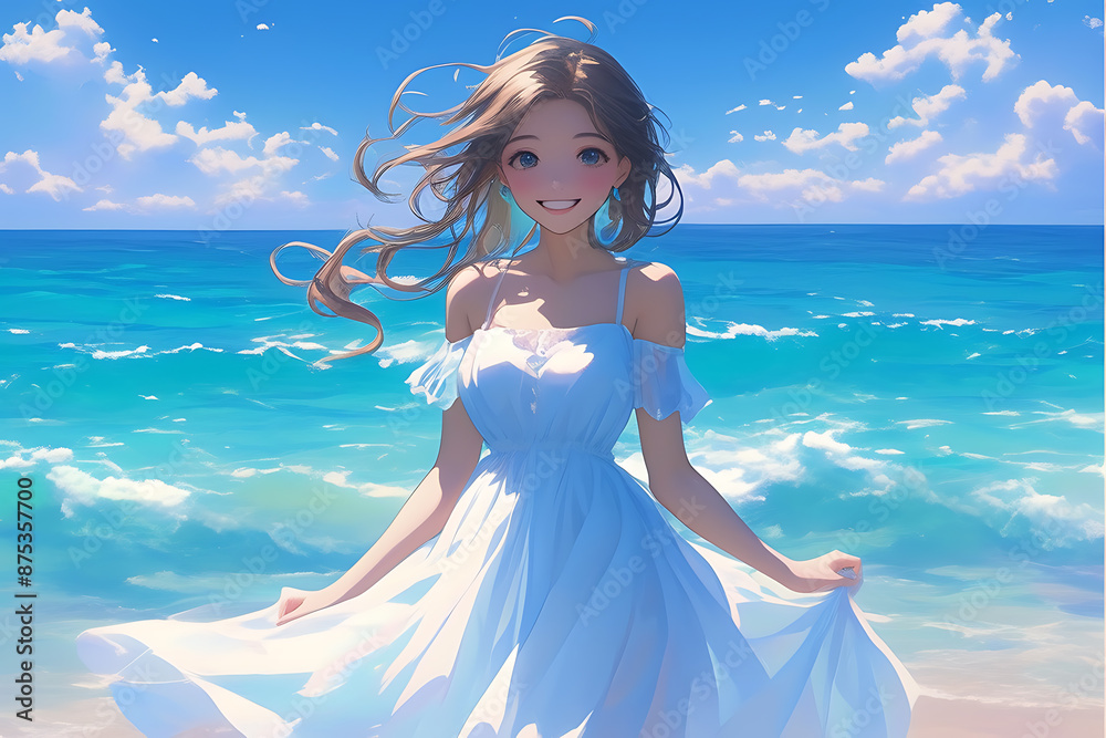 A very beautiful girl with expressive facial features, pouty lips, detailed eyes, and knee-length hair, standing in the ocean and smiling joyfully A very beautiful girl with expressive facial features, pouty lips, detailed eyes, and knee-length hair, standing in the ocean and smiling joyfully