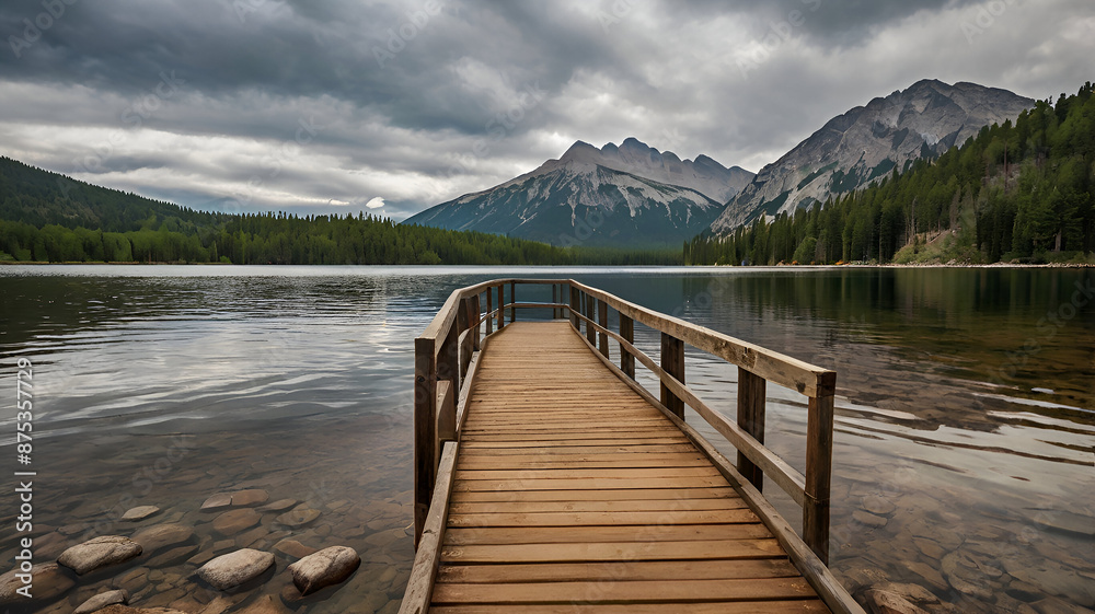Fototapeta premium A wooden path, lake, mountain