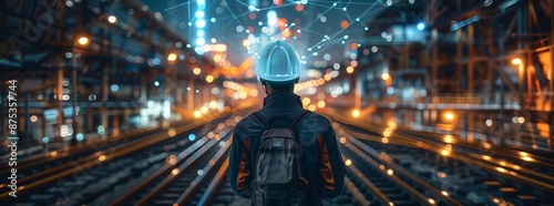 an engineer standing in the middle with white helmet, train tracks and warehouse background © Pavel