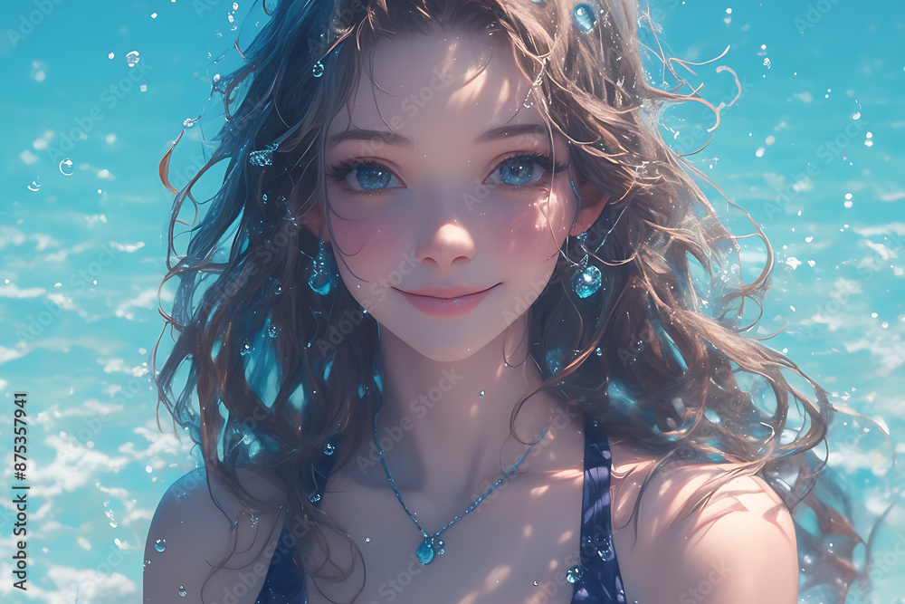 A very beautiful girl with expressive facial features, pouty lips, detailed eyes, and knee-length hair, standing in the ocean and smiling joyfully A very beautiful girl with expressive facial features, pouty lips, detailed eyes, and knee-length hair, standing in the ocean and smiling joyfully