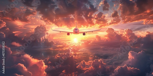 Airplane Flying Through Sunset Clouds