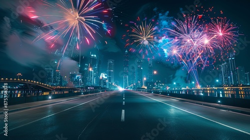 Fireworks display over a city skyline with an empty road leading into the distance.