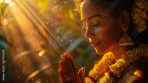 A african american woman, draped in exquisite traditional Kerala attire, immersed in a serene sunrise prayer at her home,generative ai