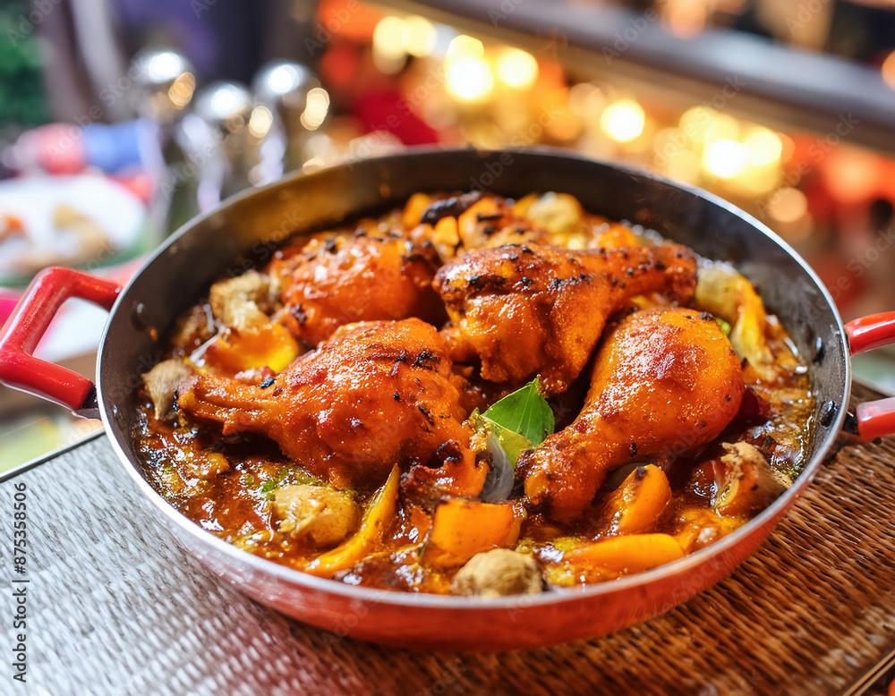 A roasting pan filled with roasted chicken legs, potatoes, carrots, and onions A roasting pan filled with roasted chicken legs, potatoes, carrots, and onions