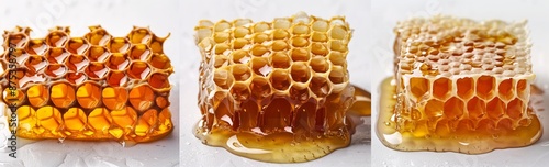 Honeycomb and honey isolated on white background, collection set of three different images