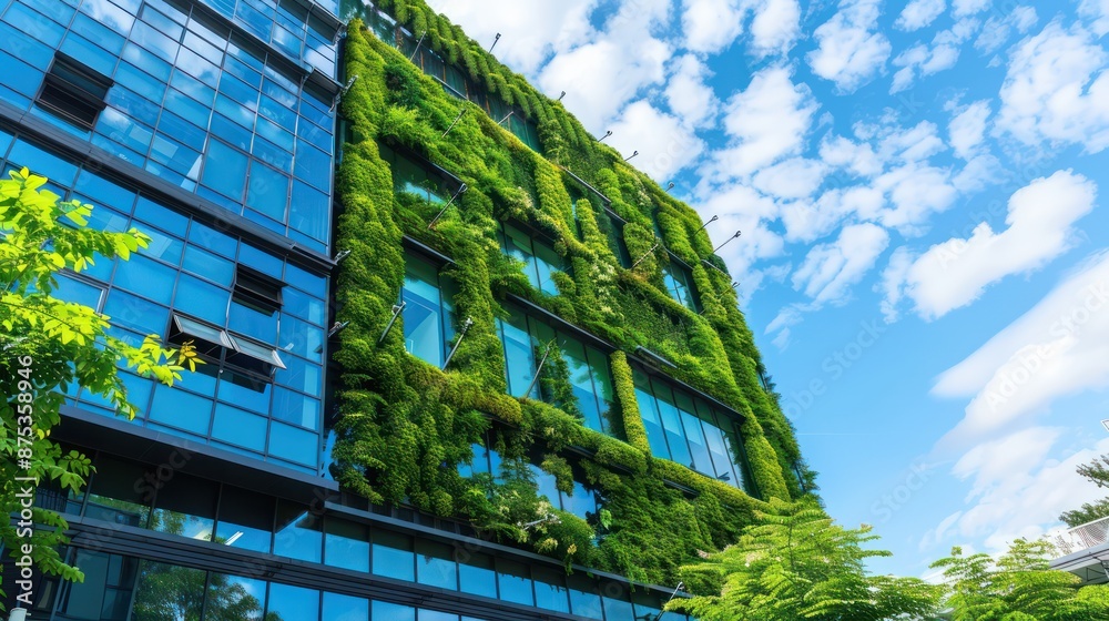 Green building with plants growing on the facade. Ecology and green living in city Green building with plants growing on the facade. Ecology and green living in city