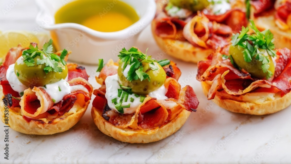 Spanish snack Pintxos with bacon, cheese and olives, seasoned with spicy green sauce. Spanish snack Pintxos with bacon, cheese and olives, seasoned with spicy green sauce.