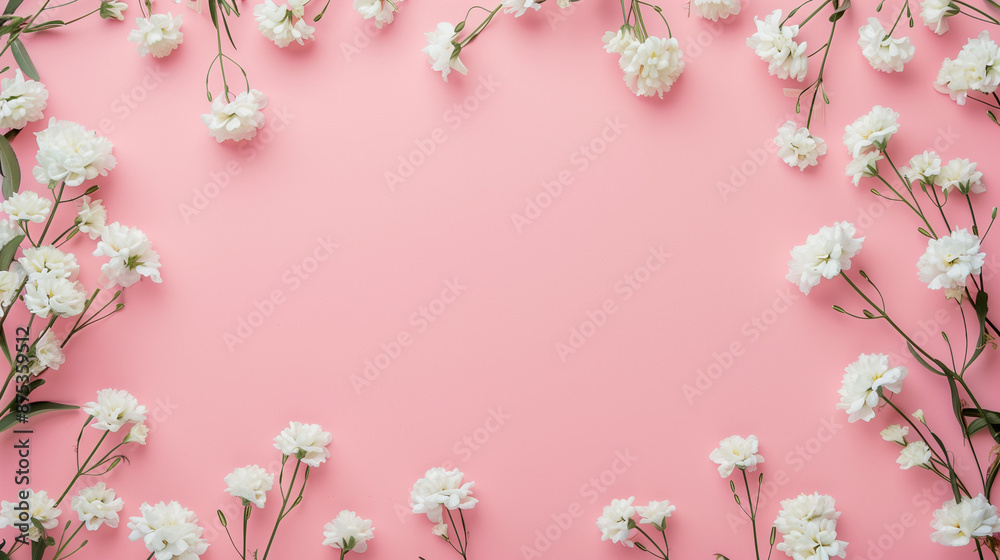 A flat lay of white flowers arranged around the edges of a pink background, creating an elegant and minimalistic floral border A flat lay of white flowers arranged around the edges of a pink background, creating an elegant and minimalistic floral border