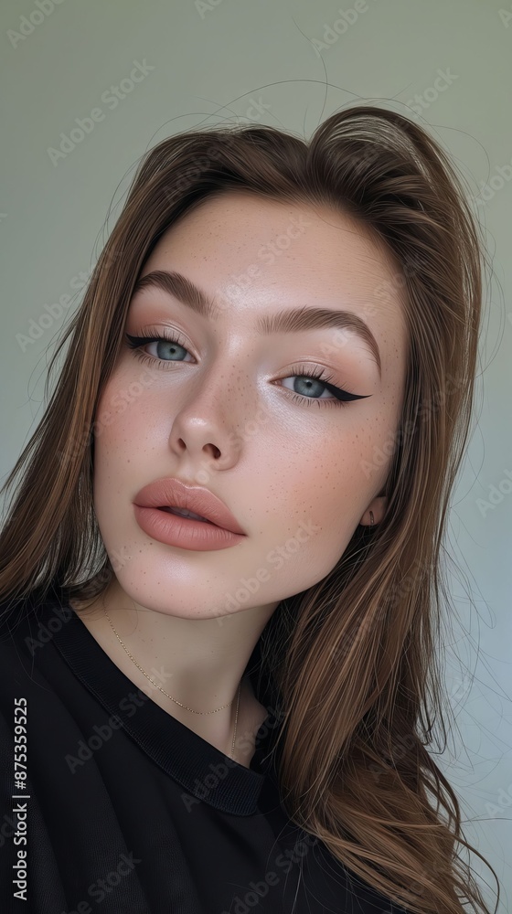 A woman with long brown hair and blue eyes. A woman with long brown hair and blue eyes.