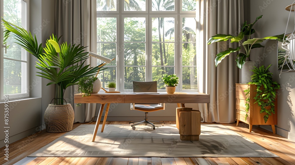 Fototapeta premium minimal interior design of home office with modern wood furniture, large windows, and potted plants 
