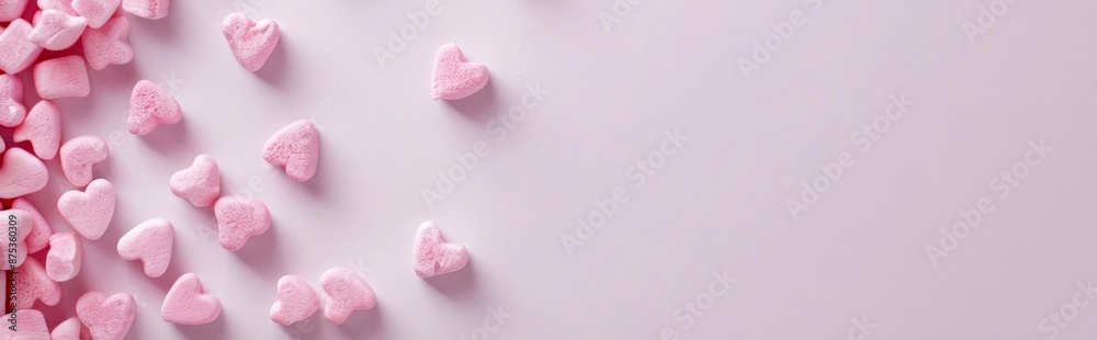 Light background with marshmallows in the form of hearts. A romantic banner for Valentine's Day. Home cooking. A present, sweet joys, a wedding, a birthday, a postcard, a poster.