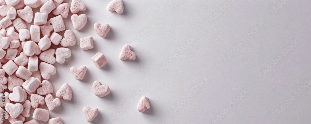 Light background with marshmallows in the form of hearts. A romantic banner for Valentine's Day. Home cooking. A present, sweet joys, a wedding, a birthday, a postcard, a poster. Light background with marshmallows in the form of hearts. A romantic banner for Valentine's Day. Home cooking. A present, sweet joys, a wedding, a birthday, a postcard, a poster.