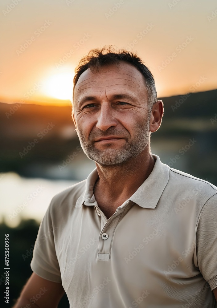 A man standing in front of a lake at sunset. A man standing in front of a lake at sunset.