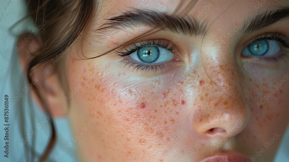 Fototapeta premium Close-up of facial freckles on the face. Facial health care and cosmetics concept.