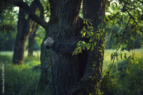 A person hugs a large tree trunk in a lush green forest, conveying a deep connection with nature. Only arms and torso are visible.
